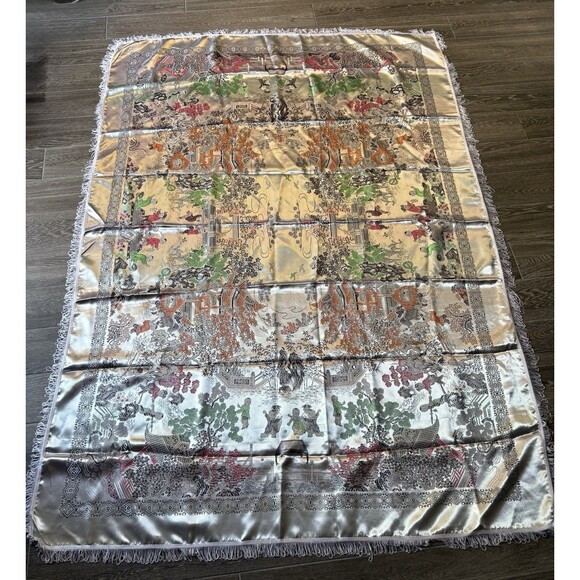 Mid-Century Vintage Brocaded Flowers Chinese Silk Tapestry Tablecloth 75" x 55" - Picture 2 of 16